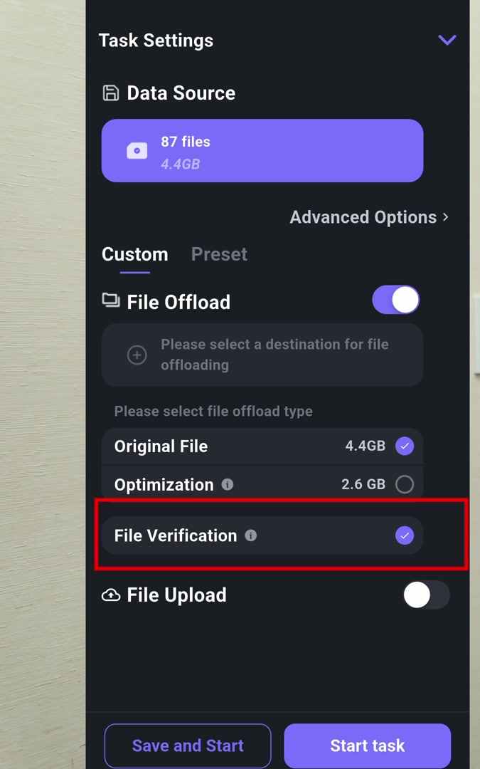 File Verificationを有効にする操作。コピーの検証設定を確認します。